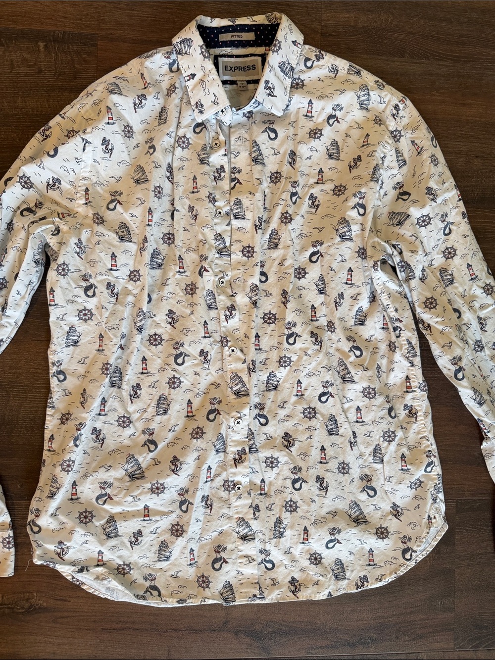 Express Men’s White Button-Down Shirt with Navy & Red Nautical Print